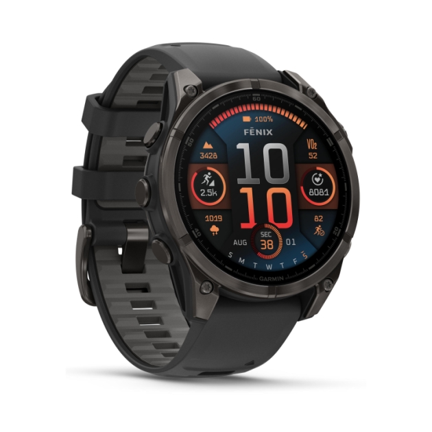 garmin fenix 8 47 mm, AMOLED Sapphire Carbon grey DLC-tit zwarte/pebble grey siliconen band 010-02904-21