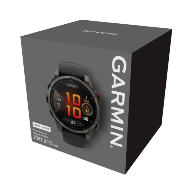 garmin Fenix 8 Pro 47 mm,Amoled, LTE, Sapphire Carbon grey DLC-titanium met zwarte/pebble grey si 010-03198-01