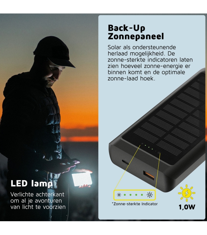 Xtorm Xtorm 15W Go2 Solar Power Bank 10.000 + Light - Charcoa charcoal black XG2S101 Charcoal Black Xtorm electra XG2S101 licht grijs bij Leerentveldvrijetijd.nl