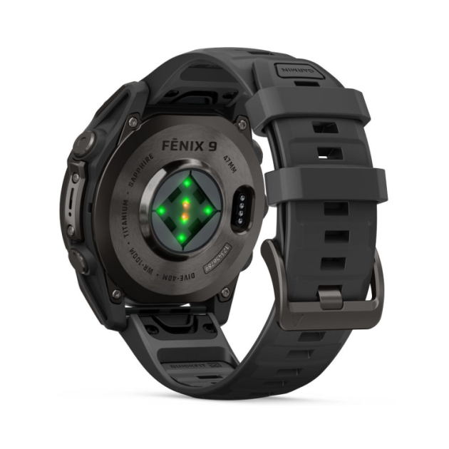 garmin Fenix 9 47mm Carbon grey DLC-titanium Zwarte siliconen band 010-04762-11