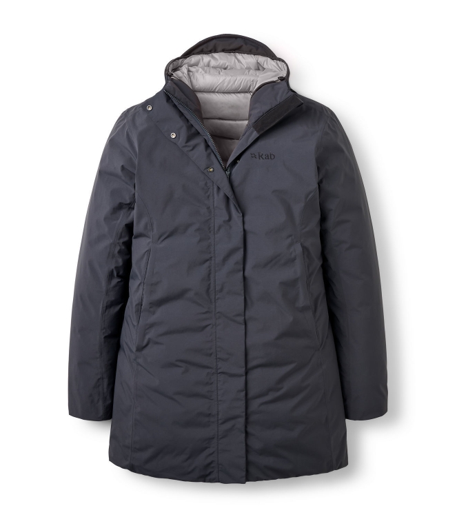 Rab Rab Valiance Parka Wmns anthracite QDC-06 Anthracite Rab jassen QDC-06 zwart combinatie bij Leerentveldvrijetijd.nl
